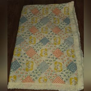 Vintage JC Pennys  Patchwork Duck Yellow Baby Quilt Blanket 35" x 53" Silky 70's